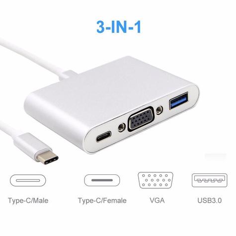 Cabo Adaptador 3 em 1 USB-C 3.1 Type-C Para VGA - USB 3.0 JC-TYC-VGA31