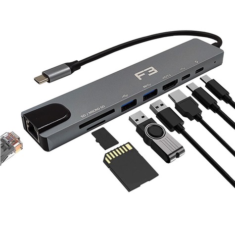 Hub Adaptador Type-c 8 em 1 Para HDMI - Type-c - USB 3.0 - USB 2.0- Micro SD - SDe LAN JC-TYC-860