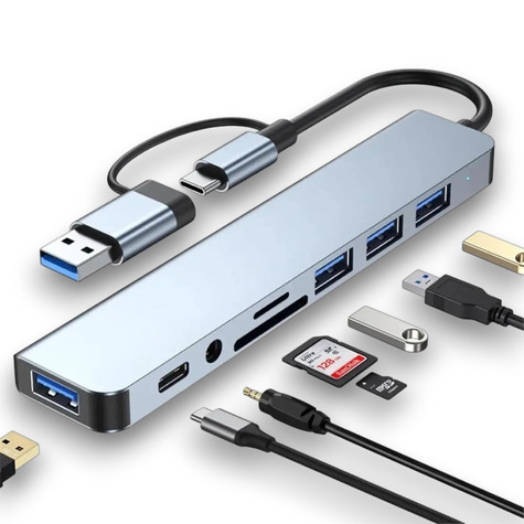 Hub Adaptador Type-c/USB3.0 8 em 1 Para Type-c - 4x USB 3.0 - Micro SD - SD - Áudio e type-c JC-TYC/USB-8EM1
