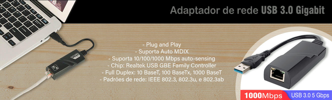 Cabo Adaptador de Rede USB 3.0 Para RJ45 10/100/1000Mbps
